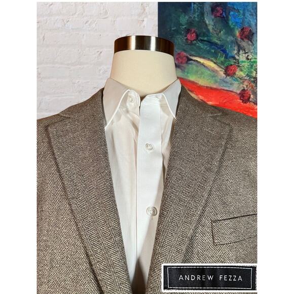 Andrew Fezza 44R Men Taupe Beige Herringbone Silk Tweed Blazer Sport Coat Jacket - Picture 3 of 15
